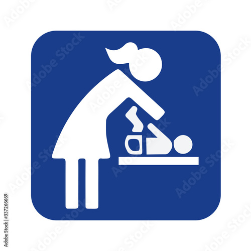 carte ou bandeau pour le change d'un bébé avec une femme et son bébé en blanc sur un carré bleu sur fond blanc
