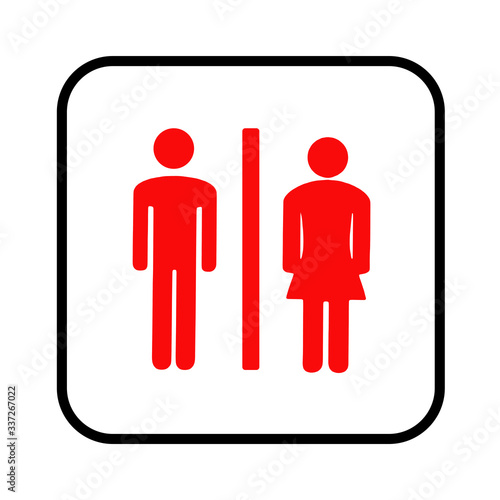 panneau pour les toilettes pour homme et pour femme en rouge dans un carré noir sur un fond blanc