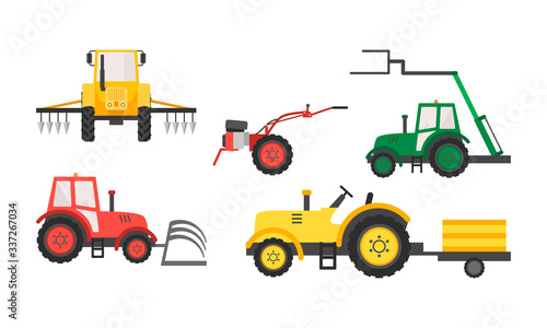 Hand drawn different types of agricultural machinery over white background