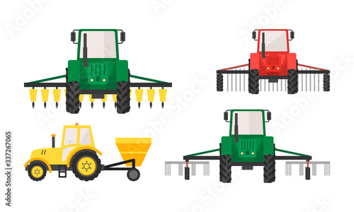Hand drawn different types of agricultural machinery vector illustration