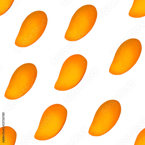 Yellow ripe mangoes fruits seamless repeat pattern, isolated die cut and clipping path on white background for wallpaper and fabric textiles printed