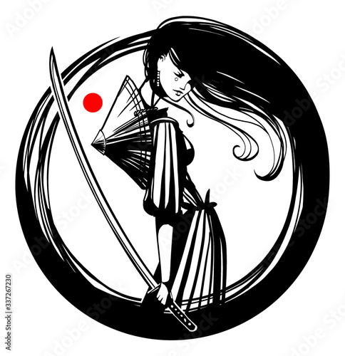 A beautiful young samurai woman with a katana in her hand and a large pointed rice hat with long black hair forming a circle around her. 2D illustration