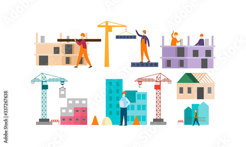 Set of isolated builders in helmets and managers during construction