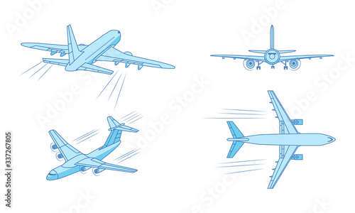 Different types of blue passanger planes over white background