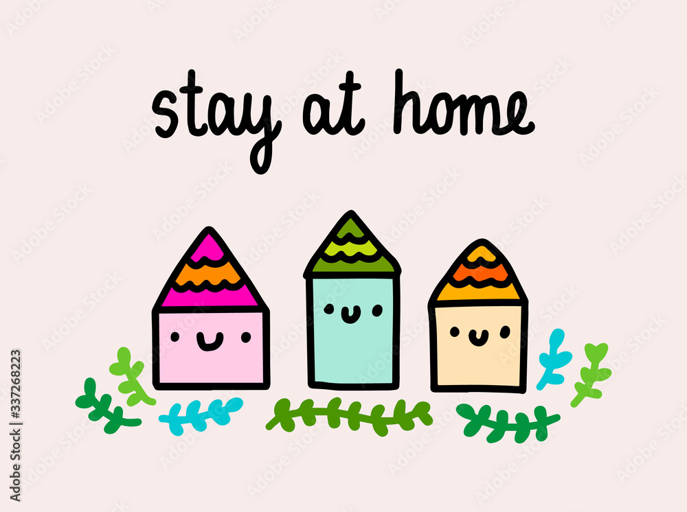 Stay at home hand drawn vector illustration in cartoon comic style houses smiling pandemic infection isolation