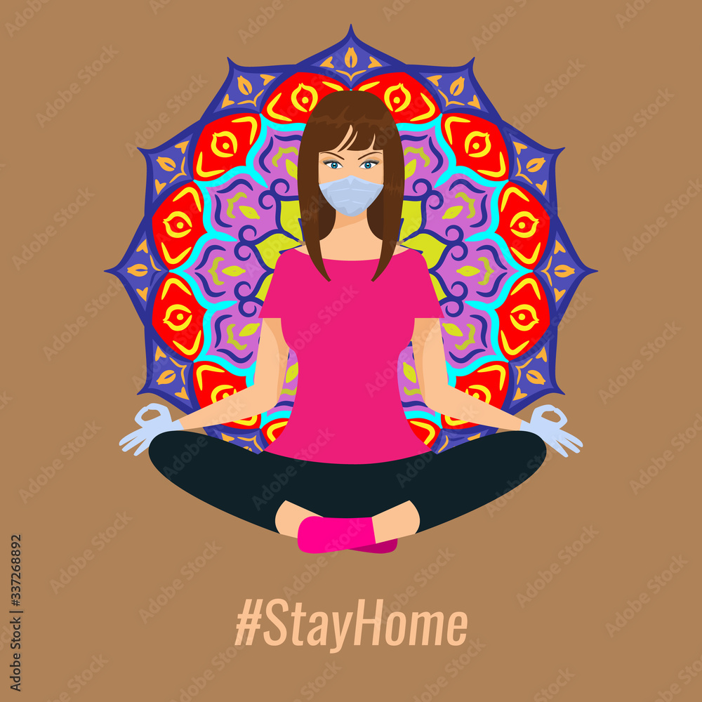 Woman doing yoga with mask and gloves. Stay at home concept vector illustration.