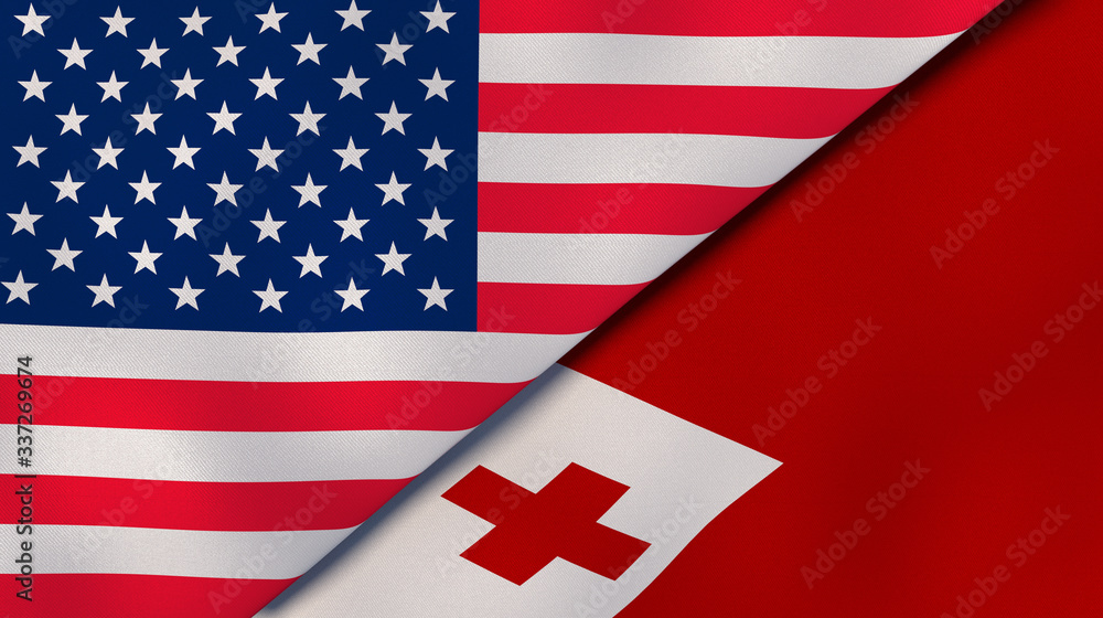 Obraz premium The flags of United States and Tonga. News, reportage, business background. 3d illustration
