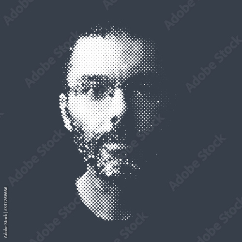 Halftone portrait of bearded man wearing glasses, dot pattern vector illustration