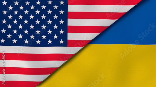The flags of United States and Ukraine. News, reportage, business background. 3d illustration