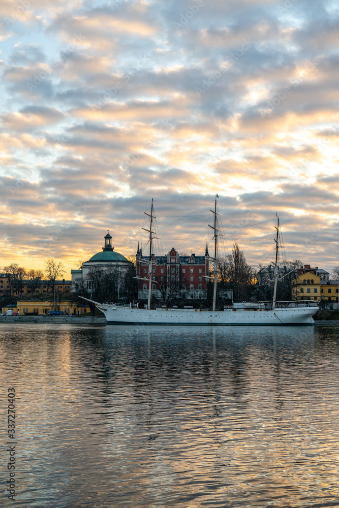 Stockholm city sunrise, boat.