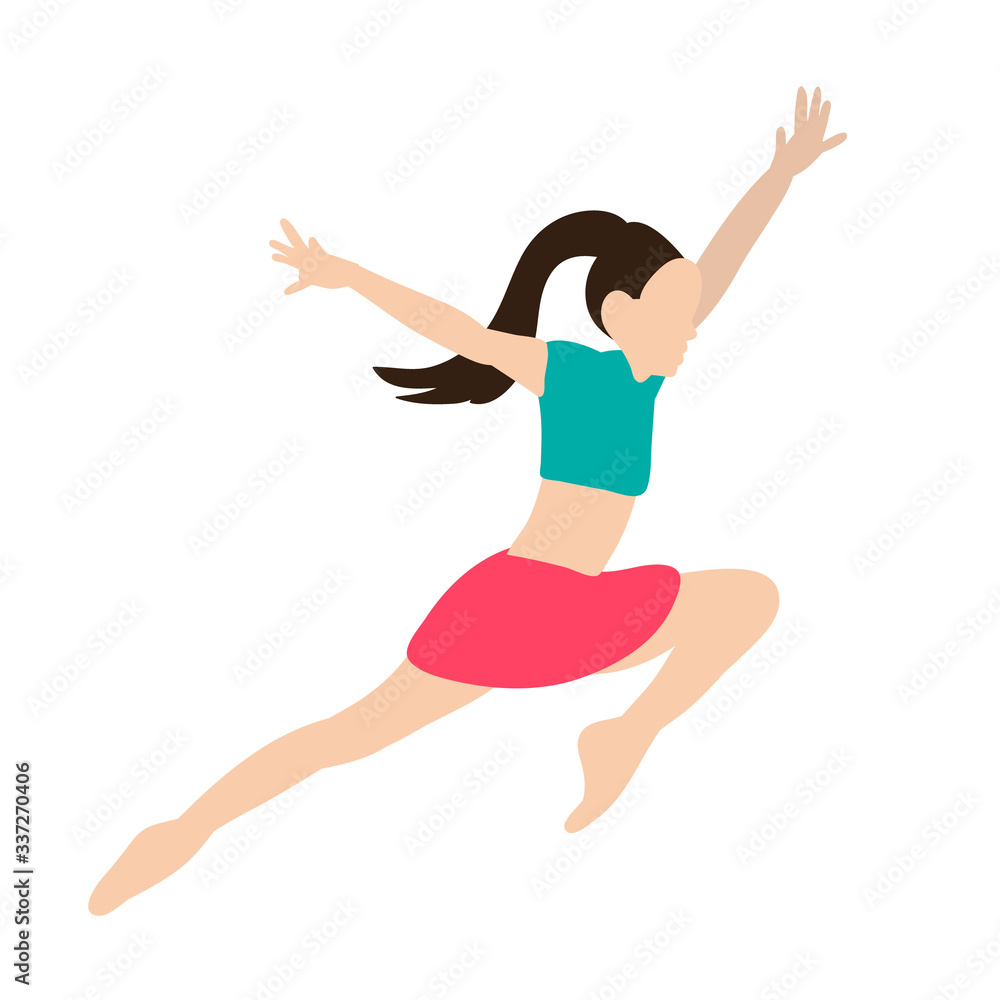  isolated, in flat style girl gymnast jumping, stretching