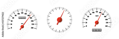Realistic speedometer pack isolated on white background. Sport car odometer with motor miles measuring scale. Racing speed counter. Engine power concept template. Vector illustration