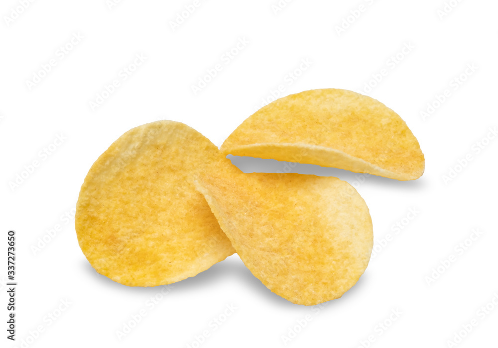 closeup Crispy potato chips isolated on white background top view with clipping path closeup Crispy potato chips isolated on white background top view with clipping path