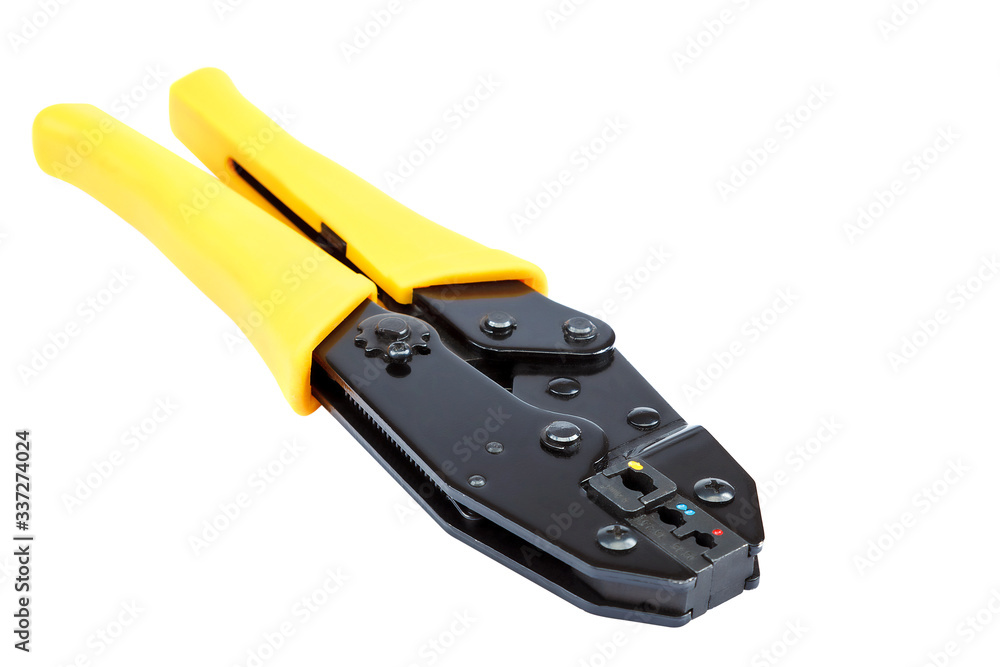 Obraz premium Tool for crimping electrical wires on white.