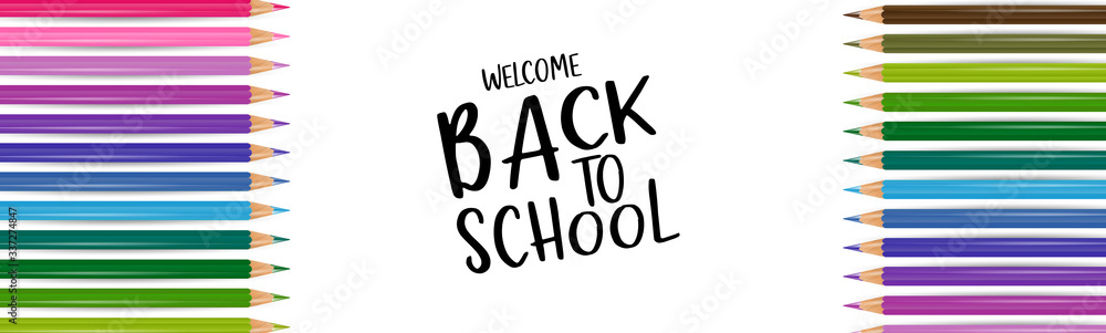 Fototapeta premium Welcome back to school banner with colorful pencils. Vector illustration.