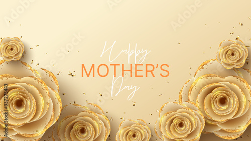 Happy Mother's Day banner. Holiday greeting card with realistic 3d gentle flowers with golden sand. Vector illustration with paper roses and gold confetti.