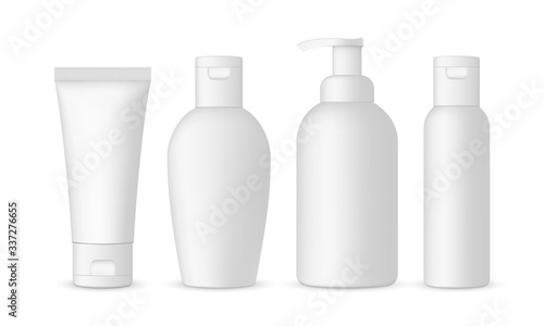 Set of antibacterial hand sanitizers mockups isolated on white background.  Vector illustration