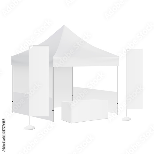 Trade show booth display stand - tent canopy, rectangular flags and demonstration table. Vector illustration