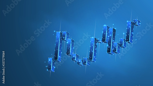 Stock market chart. Growing financial index. Low poly, wireframe 3d vector illustration. Abstract, polygonal image on blue neon background