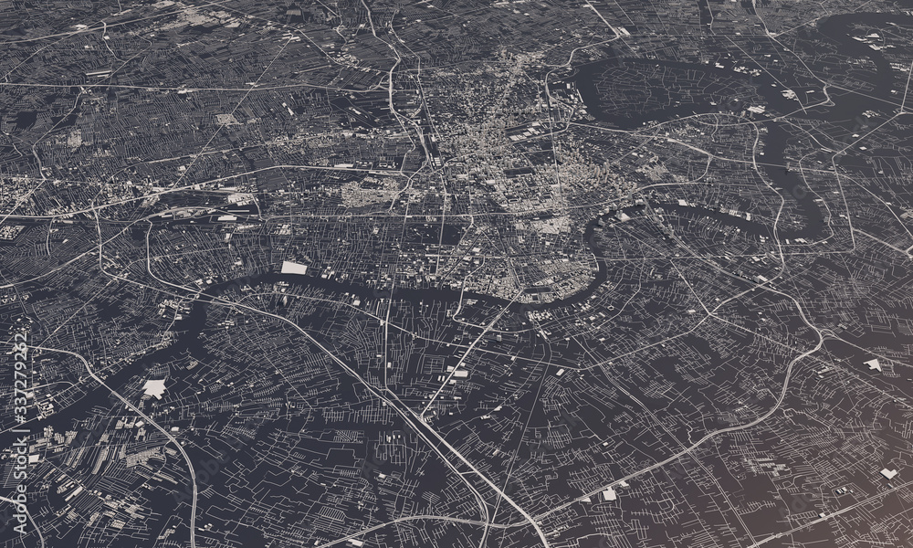 Bangkok, Thailand city map 3D Rendering. Aerial satellite view.