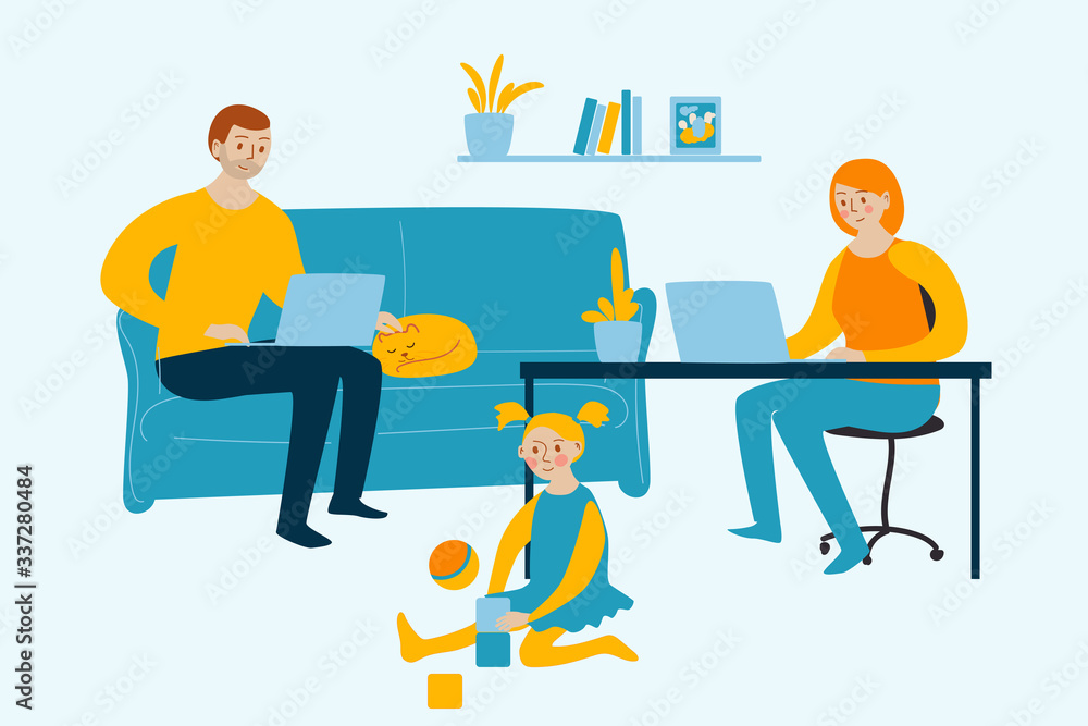 Mom and Dad work at home. Child plays. Stay home. Work from home during quarantine social distancing period of pandemic corona virus or covid-19. Mom and Dad work at home. Child plays. Stay home. Work from home during quarantine social distancing period of pandemic corona virus or covid-19.