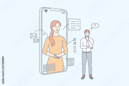 Online assistant, smart technology, communication, business concept. Young businessman cler manager using online assistant on smartphone. Online communication. Social network, freelance. Flat vector