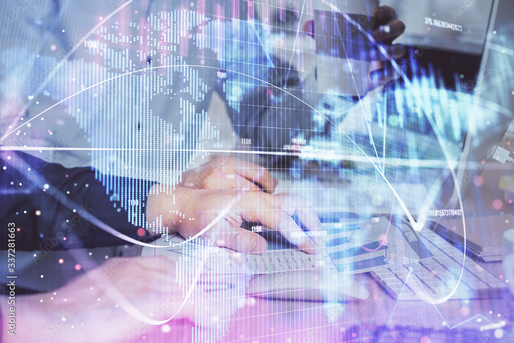 Double exposure of businessman working on laptop on background. International business hologram in front. Concept of success. Double exposure of businessman working on laptop on background. International business hologram in front. Concept of success.