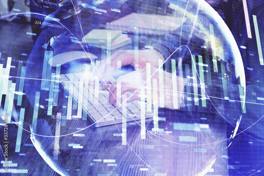 Double exposure of businessman working on laptop on background. International business hologram in front. Concept of success. Double exposure of businessman working on laptop on background. International business hologram in front. Concept of success.