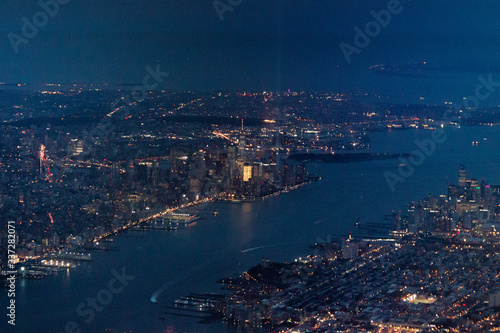 Nigh view of New York City from the air, plane