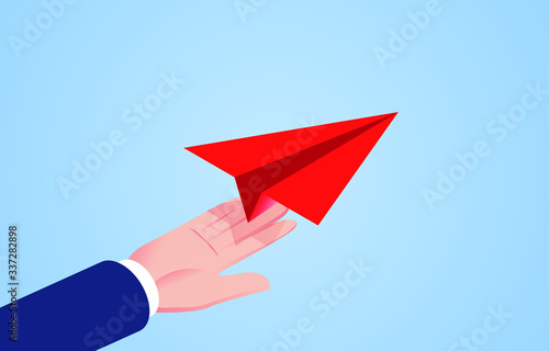 Isometric paper plane flying out of hands, freedom, leadership, business success concept