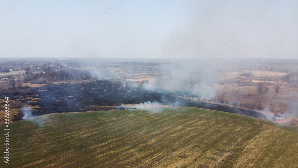Forest and field fire. Dry grass burns, natural disaster. Aerial view. After the fire