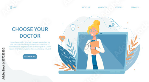 Landing page choose your doctor offering online medical consultation. Professional telemedicine and healthcare concept. Vector Illustration