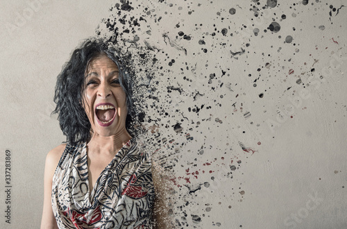 Very stressed woman screaming dissolve