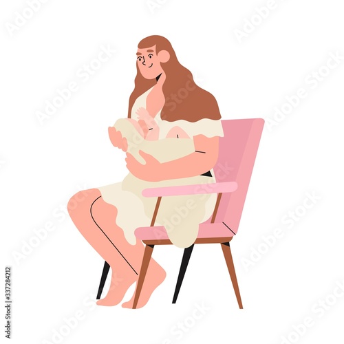 Mother feeding a newly born child or baby with breast. Mother and chidren health care. World Breastfeeding Week vector illustration for banner, article.