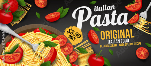 Pasta on a plate with a fork and sauce. Pasta at fork with basil and sauce. Spaghetti. Organic meal. Traditional italian food. Natural eating. Cooking lunch. Concept Macaroni design. 