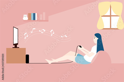 Stay at home concept. A girl playing video game at home. Vector illustration.