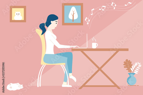  Stay at home concept.  woman working on laptop at her house. Vector illustration.