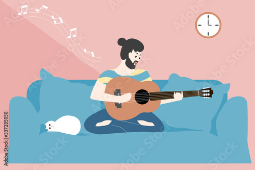 Stay at home concept. A man playing Guitar and singing song on couch at home. Vector illustration.