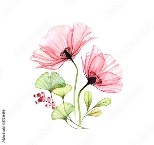 Watercolor Poppy bouquet. Two pink flowers with leaves and berries isolated on white. Hand painted artwork with detailed petals. Botanical illustration for cards  wedding design
