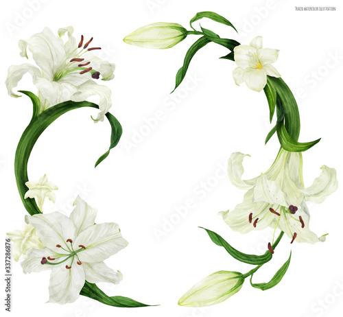 Tropical wreath with white lily and freesia, traced watercolor