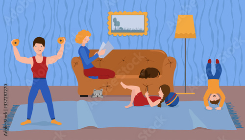 Family, parents and children relax at home in the apartment. Father and son play sports, mom reads on the couch, daughter watches a smartphone. Vector illustration. Concept quarantine, home comfort