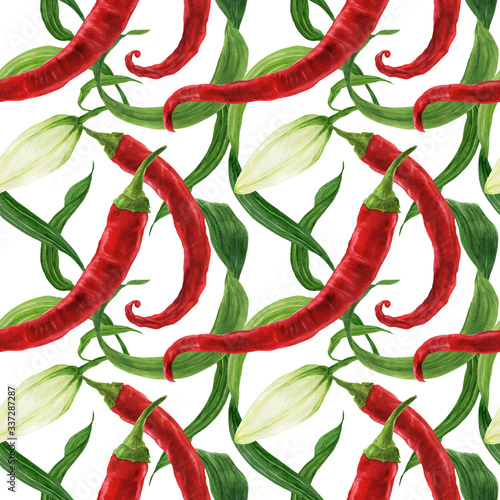 Red chili and lily bud watercolor light green seamless pattern
