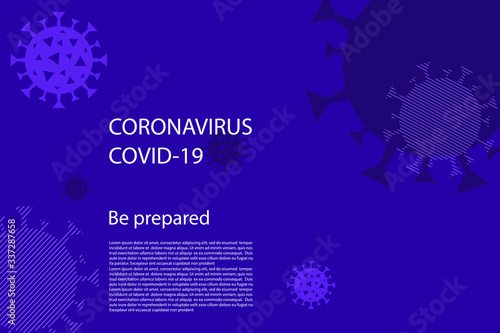 Coronavirus outbreak information banner with line art bacteria cell pattern on dark purple background. Covid-19 novel virus. No Infection and Stop Coronavirus Concept. Vector medical poster design.