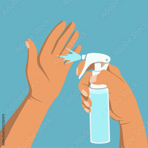 Hand disinfection with a sanitizer. Blue background.