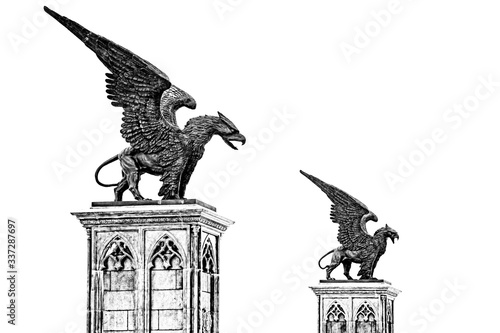 isolated griffins statue, chromatic coating sculpture 