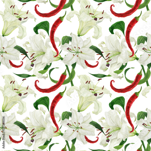 Tropical white lily flowers and red chili peppers watercolor seamless pattern