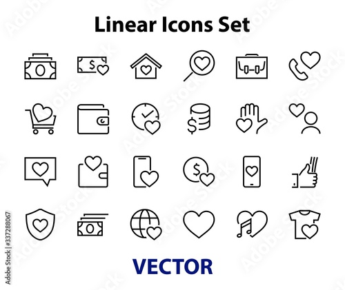  The set of icons about love contains such icons as love of music, declaration of love, heart, favorite home, Linear set. Vector on a white background. Editable stroke. 480x480
