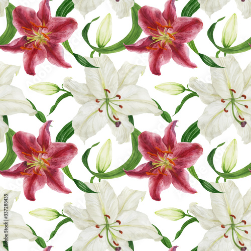 Tropical white and pink lilies traced watercolor seamless pattern