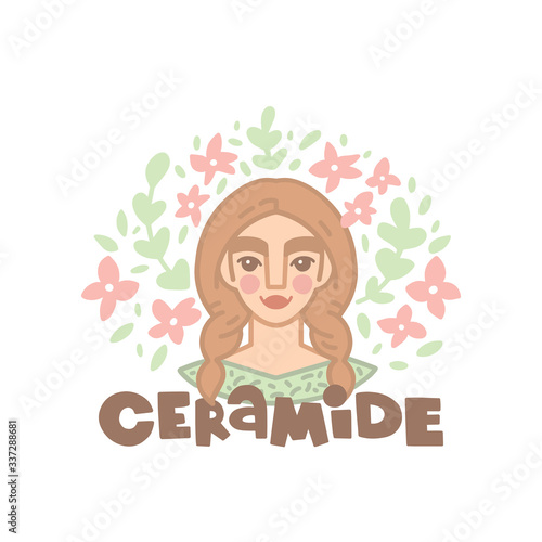Vector hand drawn illustration. Portrait of a woman with braids and the inscription. Ceramide lettering. Round background with flowers. Hairstyles, hair care routine, products. Icon in flat style.