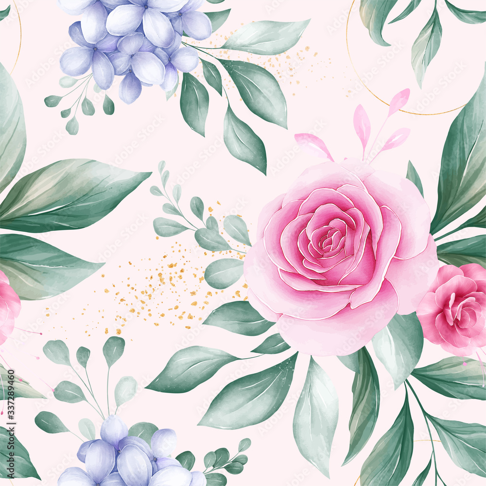 Seamless pattern of watercolor flowers arrangements with geometric glitter on pastel background for fashion, print, textile, fabric, and card background
